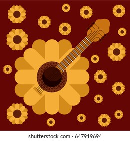 dark red background with guitar in form of sunflower and pattern of sunflowers vector illustration