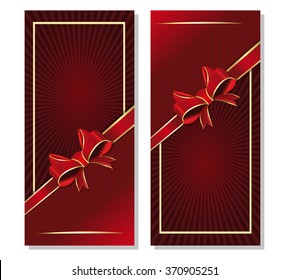 Dark red background with ribbon and bow for festive events. Vector billets for holiday flyers. Maroon romantic retro background with red ribbon and bow.