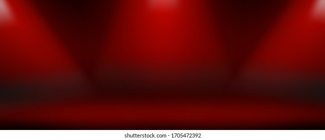 Dark red background with white lamp lights. Template for product presentation. Studio with illuminated floor, wall. Empty space for the copy.
