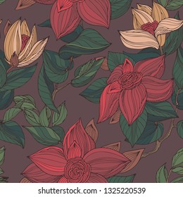 Dark red, beige, brown and green seamless vintage floral pattern