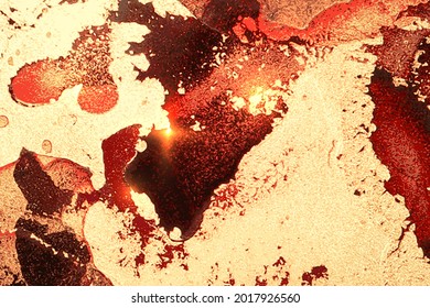 Dark red, black and gold abstract marble pattern with sparkles. Vector background in alcohol ink technique with glitter. Template for banner, poster design. Fluid art painting
