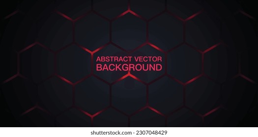 Dark red and black horizontal hexagonal technology abstract vector background. A futuristic wide banner with glowing red energy flashes light under the hexagon. Vector.