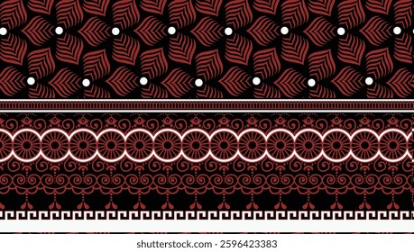 A dark red and black patterned textile design featuring leaves, circles, and geometric borders, for textile, wallpaper, gift wrapping, print