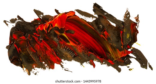 Dark red with black and splashes of yellow, vector oil brush stroke. Abstract varnish splash trace shape. Glossy oil paint smear on white background. Eps 10 illustration.