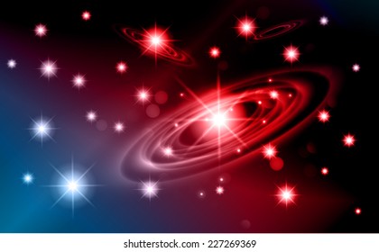 Dark red blue Defocused Light, Flickering Lights, Vector abstract festive background with bokeh defocused lights. universe, galaxies, stars. 