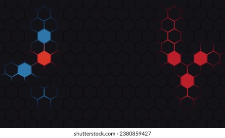 Fondo tecnológico abstracto hexagonal rojo oscuro y azul con destellos brillantes de color rojo y azul bajo hexágono.