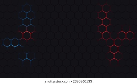 Fondo tecnológico abstracto hexagonal rojo oscuro y azul con destellos brillantes de color rojo y azul bajo hexágono.
