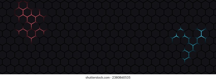 Dark red and blue hexagon abstract technology background with red and blue colored bright flashes under hexagon.
