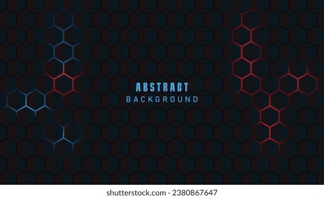 Dark red and blue hexagon abstract technology background with red and blue colored bright flashes under hexagon.