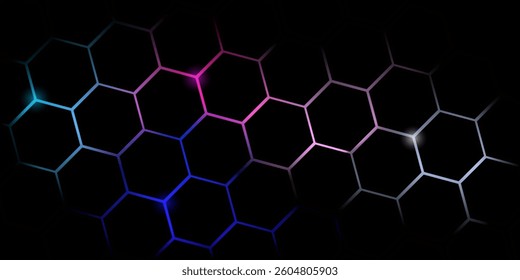 Dark red and blue hexagon abstract technology background with red and blue colored bright flashes under hexagon. Hexagonal gaming vector abstract tech background.