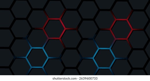 Dark red and blue hexagon abstract technology background with red and blue colored bright flashes under hexagon. Hexagonal gaming vector abstract tech background.