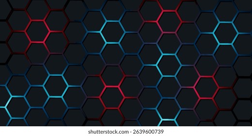 Dark red and blue hexagon abstract technology background with red and blue colored bright flashes under hexagon. Hexagonal gaming vector abstract tech background.