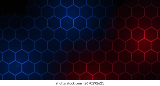 Dark red and blue hexagon abstract technology background with red and blue colored bright flashes under hexagon. Hexagonal gaming vector abstract tech background.