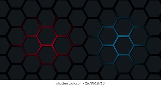 Fundo de tecnologia abstrata de hexágono vermelho escuro e azul com flashes brilhantes vermelho e azul sob hexágono. Vetor de jogo hexagonal abstrato fundo tecnológico.

