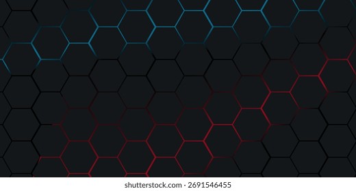 Dark red and blue hexagon abstract technology background with red and blue colored bright flashes under hexagon. Hexagonal gaming vector abstract tech background.