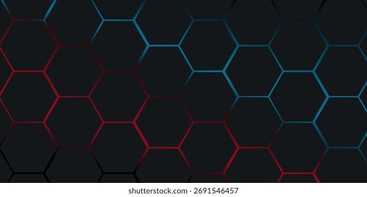 Dunkelroter und blauer Hexagon abstrakter Technologie-Hintergrund mit roten und blauen hellen Blitzen unter Hexagon. Sechseckiger Spielvektor abstrakter Tech-Hintergrund.