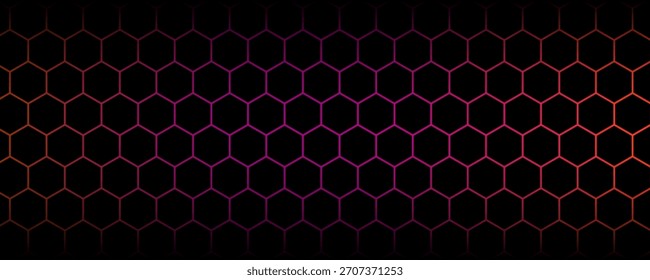 Fondo de tecnología abstracta hexagonal rojo y azul oscuro con destellos brillantes de colores rojo y azul bajo el hexágono. Fondo de tecnología abstracto de Vector de juego hexagonal.