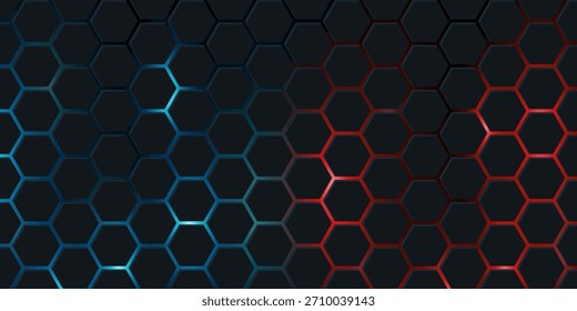 Dark red and blue hexagon abstract technology background with red and blue colored bright flashes under hexagon. Hexagonal gaming vector abstract tech background.