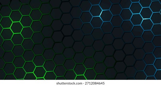 Fondo de tecnología abstracta hexagonal rojo y azul oscuro con destellos brillantes de colores rojo y azul bajo el hexágono. Fondo de tecnología abstracto de Vector de juego hexagonal.