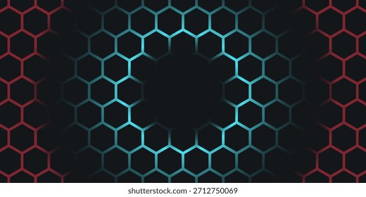 Dark red and blue hexagon abstract technology background with red and blue colored bright flashes under hexagon. Hexagonal gaming vector abstract tech background.