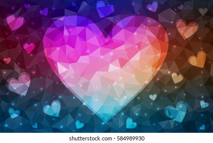 DARK Red, BLUE, pink vector heart isolated on white background. Geometric rumpled triangular low poly origami style gradient graphic illustration. Polygonal design for your business.
