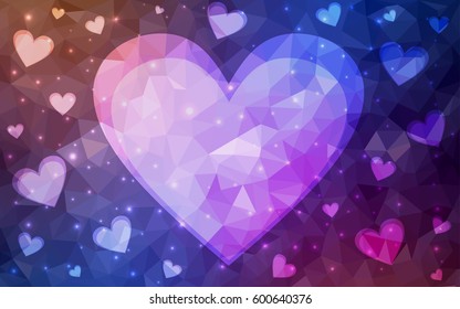 Dark red, blue vector greeting Card Happy Valentine's Day. Lettering with hearts on the white polygonal background. Colored triangular illustration for your business.