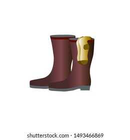 Dark red boots with socks for the rainy season. Clothes for autumn. Vector illustration isolated on white background 