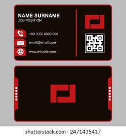 dark red business card design with logo and qr code