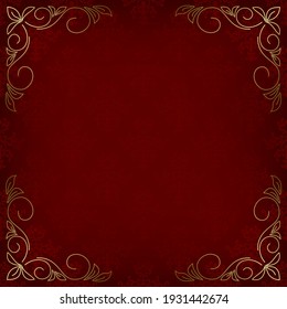 dark red card with pattern and golden decor in the corners - vector