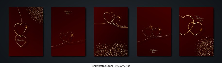 dark red cards set Happy Valentines day Gold heart dashed line art background. Golden holiday poster with text, jewels. Concept for Valentines border banner, flyer, party invitation, jewelry gift shop