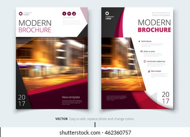 Dark red Catalog cover design.  Corporate business template for annual report, brochure, magazine. Layout with color ribbon and abstract city background. Leaflet, poster, flyer or banner concept