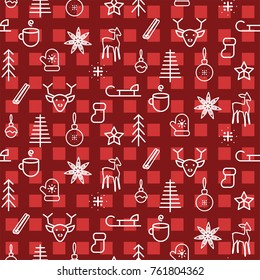 Dark red checkered new year simple icon vector seamless pattern with trees and deer head.
