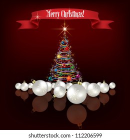 Dark red Christmas greeting with tree and decorations