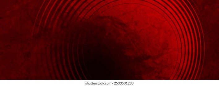 Dark red circular lines abstract background with grunge texture. Vector retro geometric graphic design