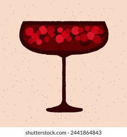 Dark red cocktail with berries in margarita glass. Wine drink. Refreshing liquid for events. Kir royale cocktail. Alcohol drink for bar. Flat vector illustration with texture