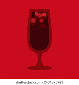 Dark red cocktail with berries. Mulled wine in stemware glass. Alcohol drink for bar. Hot grape juice in hurricane glass. Non-alcoholic beverage. Flat vector illustration with texture