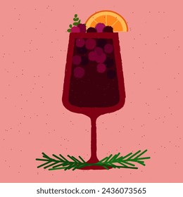 Dark red cocktail with berries, oranges and rosemary in stemware glass. Wine drink. Refreshing liquid for events. Mulled wine. Alcohol drink for bar. Flat vector illustration with texture