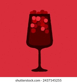 Dark red cocktail with berries in stemware glass. Wine drink. Refreshing liquid for the event. Kir royale cocktail. Alcohol drink for bar. Flat vector illustration with texture