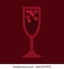 Dark red cocktail with berries in stemware glass. Wine drink. Refreshing liquid for event. Kir royal cocktail. Alcohol drink for bar. Flat vector illustration with texture