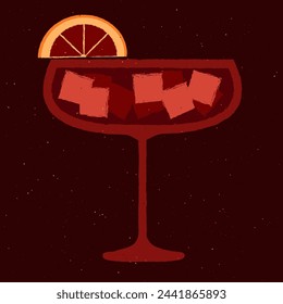 Dark red cocktail with ice cubes and grapefruit in margarita glass. Wine drink. Refreshing liquid for events. Mulled wine. Alcohol drink for bar. Flat vector illustration with texture