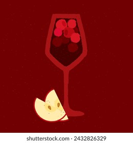 Dark red cocktail with raspberries, berries, apple. Mulled wine in stemware glass. Alcohol drink for bar. Cold liquid in wine glass. Non-alcoholic beverage. Flat vector illustration with texture