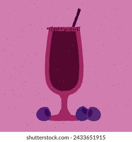 Dark red cocktail with sugar, blackberry. Mulled wine in stemware glass. Hot drink. Alcohol drink for bar. Cold liquid in hurricane glass. Non-alcoholic beverage. Flat vector illustration with texture