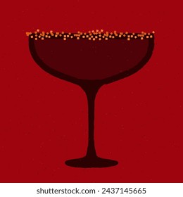 Dark red cocktail with sugar in margarita glass. Wine drink. Refreshing liquid. Berry beverage in glass. Forbidden fruit cocktail. Alcohol drink for bar. Flat vector illustration with texture