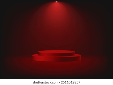 Dark red color studio room background. Red color background vector 3d with podium. Space for selling products on the website. Vector illustration.