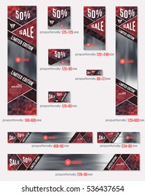 Dark Red Colors Polygonal Style Website Banner, Different Frames Background and Web Layout Ad Vector Cover Illustration. Image Add Business Advertisement Design Collection with Low Poly Elements Set