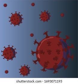 Dark red coronavirus floating in a deep blue gradient space near small red viruses