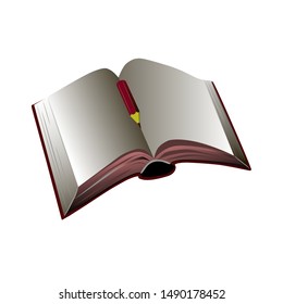 Dark red covered opened book with small red pencil. Vector icon
