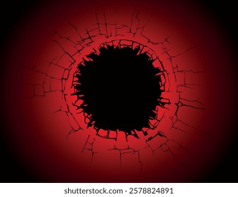 Dark red cracked circular void, evoking destruction, mystery, and powerful visual impact