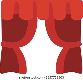 Cortina roja oscura con borde superior redondeado y paneles medio abiertos atados, dando un lujoso aspecto teatral o dramático en formato de Vector.
