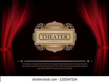 Dark red curtain scene gracefully.  Like curtains in theater. Cover with vertical motion blur shapes. Elegance vector backdrop with vintage sign